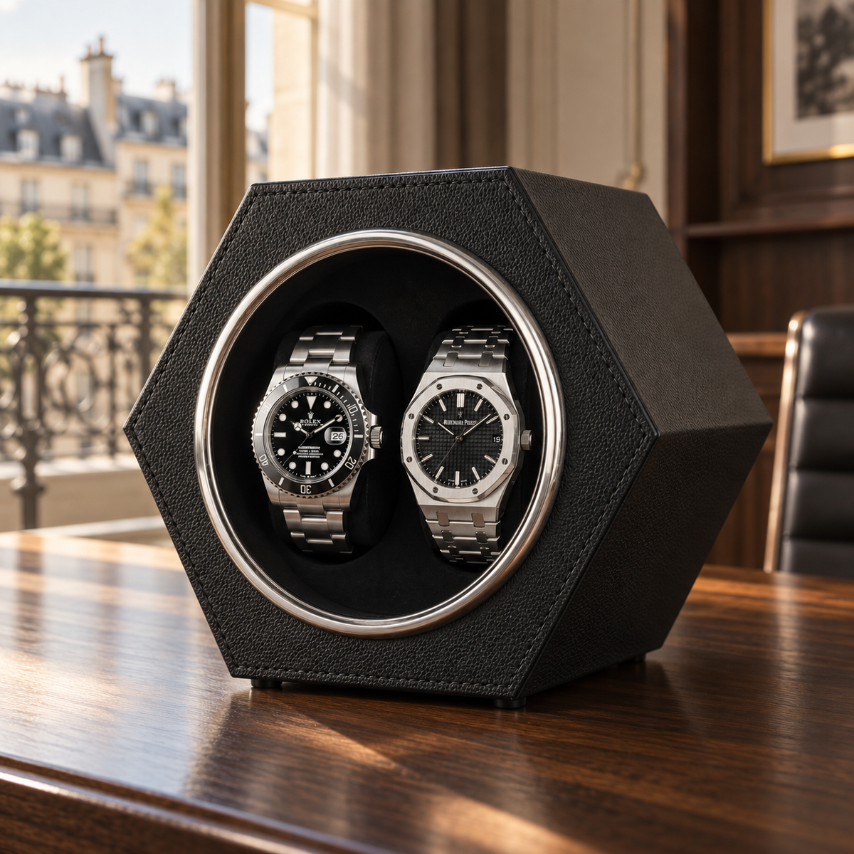 Uhrenbeweger für 2 Uhren mit USB-C | Der Hexagon Onyx
